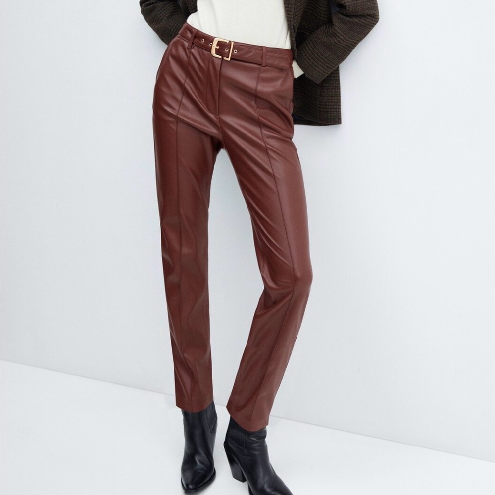 NWT MANGO Elegant Brown Leather Pants with Belt Size 6